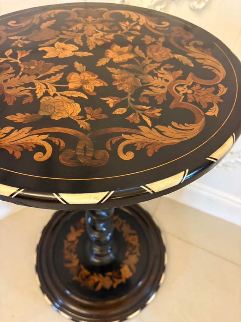 Quality Antique Italian Ebonised and Marquetry Inlaid Pedestal Occasional Centre Table/Plant Stand - Image 8